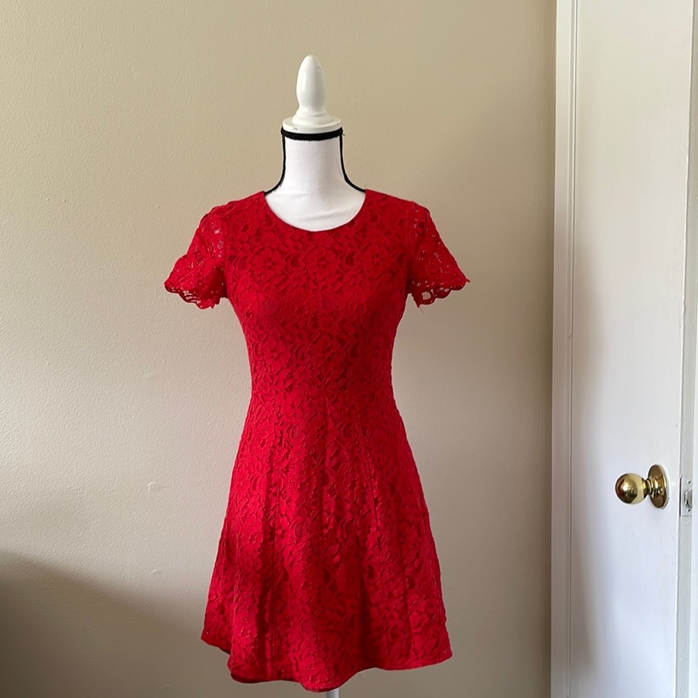 J. Crew Womens Size 00 Red Lace Satin Short Sleeve Dress Cocktail